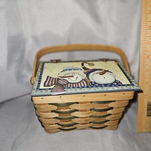 Medium Brown & Green Wicker Basket With Snowmen On The Lid